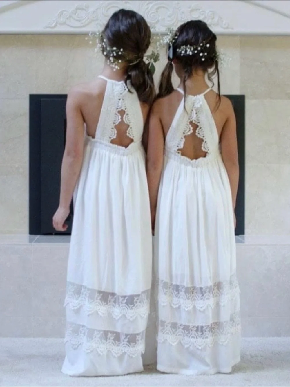 Boho ivory white Lace Junior Bridesmaid / flower girl Dress